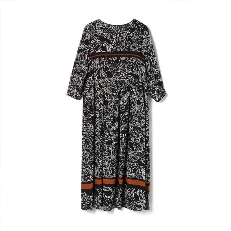 Esquisse De La Peinture Col Rond Bande De Contraste Pure Soie Robe | VoguesUs