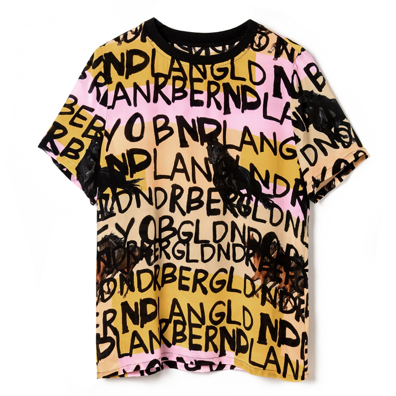 Damen Reine Seide Gelb T-Shirt Rundhalsausschnitt Mit Buchstaben-Print | VoguesUs