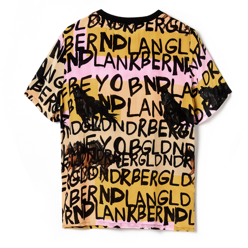 Damen Reine Seide Gelb T-Shirt Rundhalsausschnitt Mit Buchstaben-Print | VoguesUs
