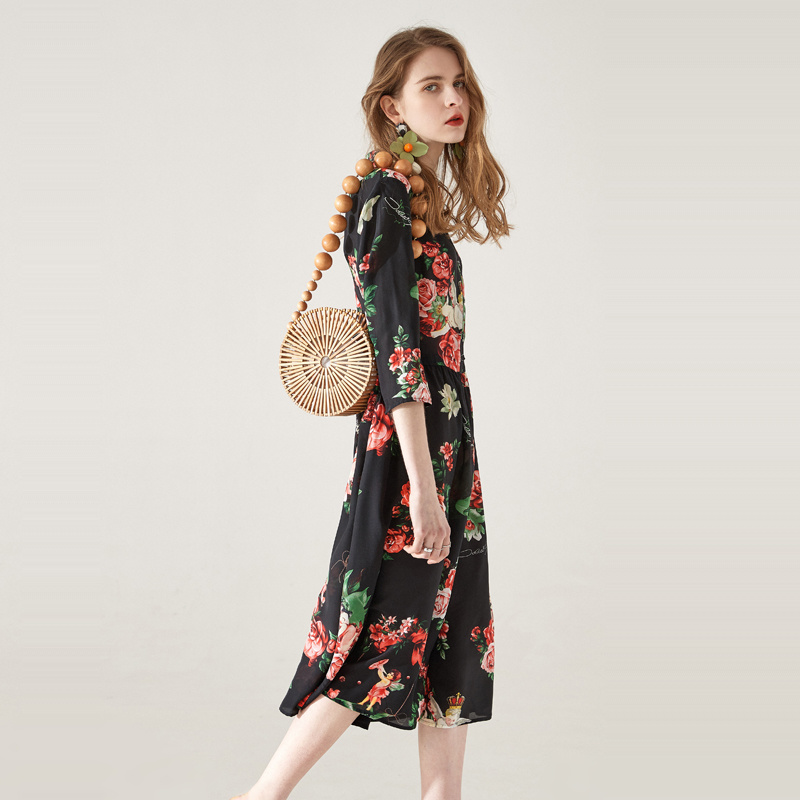 Pure Soie Imprimé Floral Lâche Plus La Taille De Robe Midi | VoguesUs