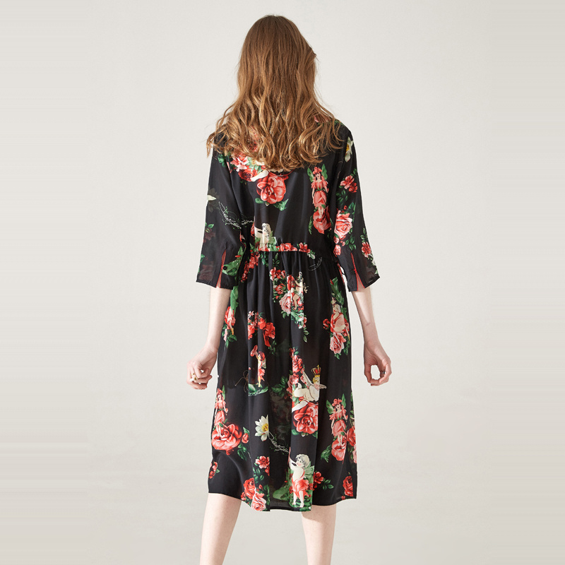 Pure Soie Imprimé Floral Lâche Plus La Taille De Robe Midi | VoguesUs