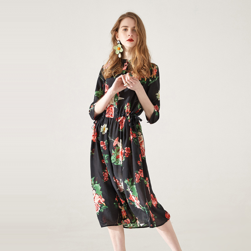 Reine Seide Blumendruck Lose Plus Größe Midi-Kleid | VoguesUs