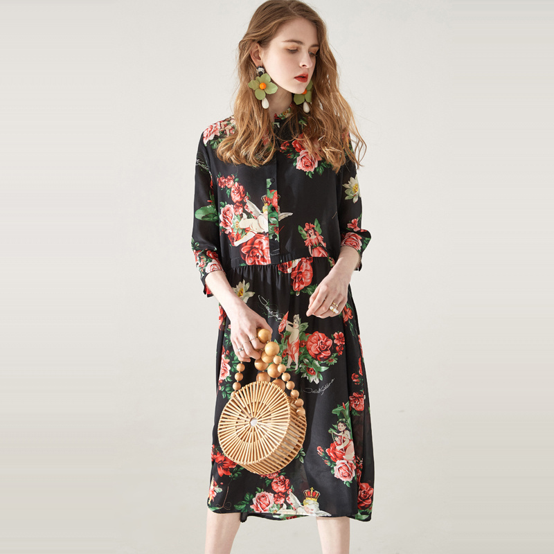 Pure Soie Imprimé Floral Lâche Plus La Taille De Robe Midi | VoguesUs