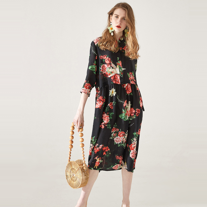 Pure Soie Imprimé Floral Lâche Plus La Taille De Robe Midi | VoguesUs