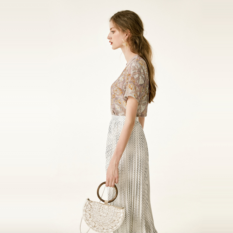 Frauen Floral Print Lavendel-Rundhalsausschnitt-Reine Natur-Seide T-Shirt | VoguesUs