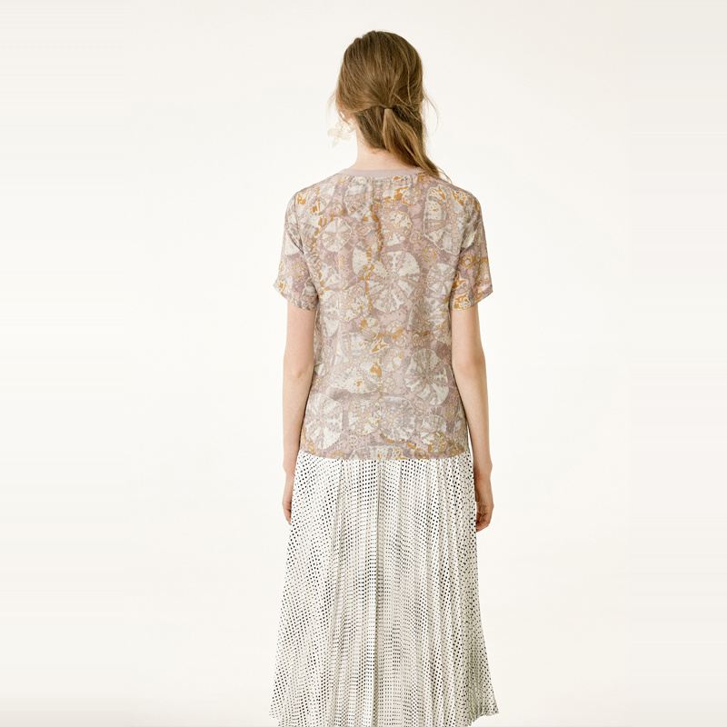Frauen Floral Print Lavendel-Rundhalsausschnitt-Reine Natur-Seide T-Shirt | VoguesUs