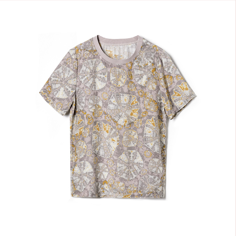 Frauen Floral Print Lavendel-Rundhalsausschnitt-Reine Natur-Seide T-Shirt | VoguesUs