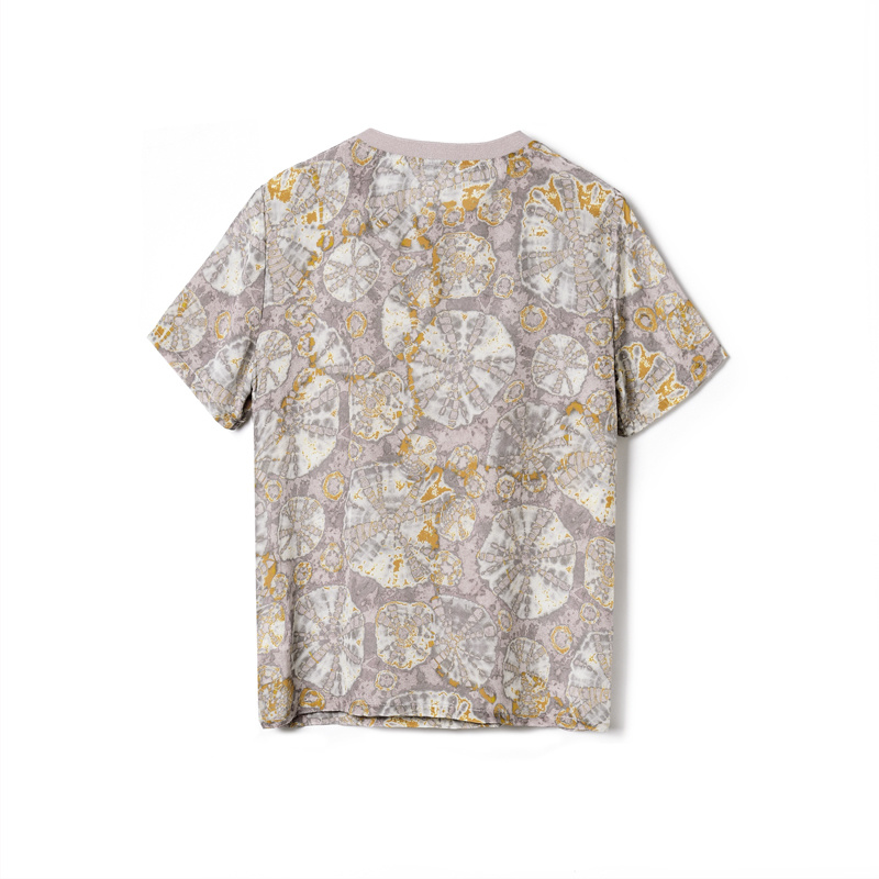 Frauen Floral Print Lavendel-Rundhalsausschnitt-Reine Natur-Seide T-Shirt | VoguesUs