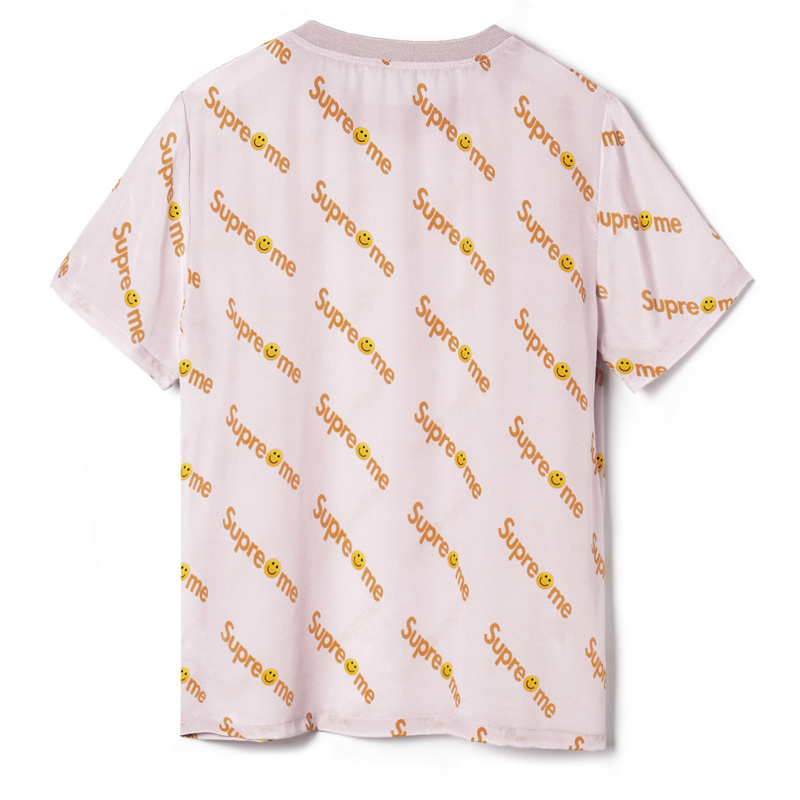 De las mujeres de color Rosa Carta de Impresión de Manga Corta de Seda Camiseta Top | VoguesUs