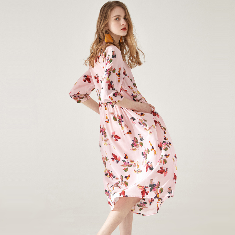 Women's Pink Grace Floral Print Silk Dress Half Sleeve | VoguesUs