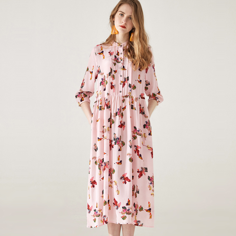 Women's Pink Grace Floral Print Silk Dress Half Sleeve | VoguesUs
