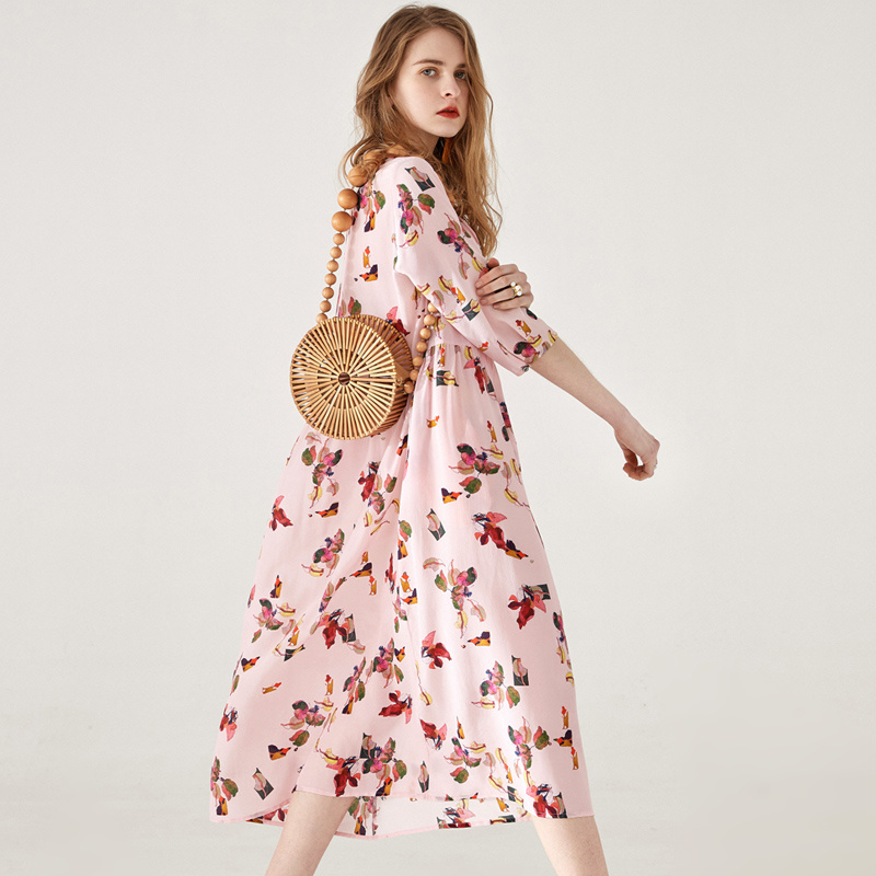 Women's Pink Grace Floral Print Silk Dress Half Sleeve | VoguesUs