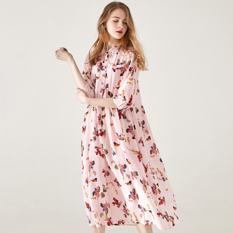 Women's Pink Grace Floral Print Silk Dress Half Sleeve | VoguesUs