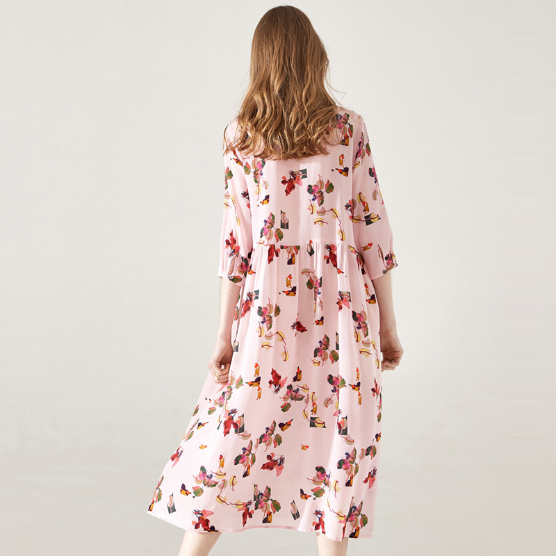 Women's Pink Grace Floral Print Silk Dress Half Sleeve | VoguesUs