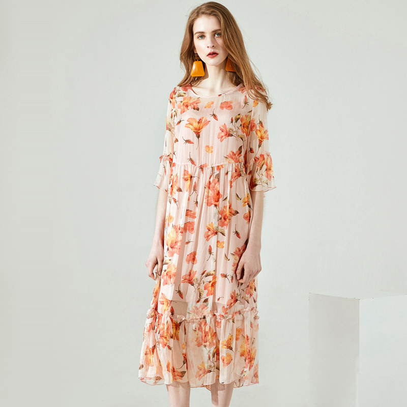Mila Floral Print Shirring Silk Dress With Spliced Hem | VoguesUs