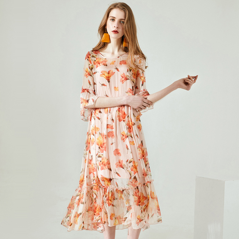 Mila Floral Print Shirring Silk Dress With Spliced Hem | VoguesUs