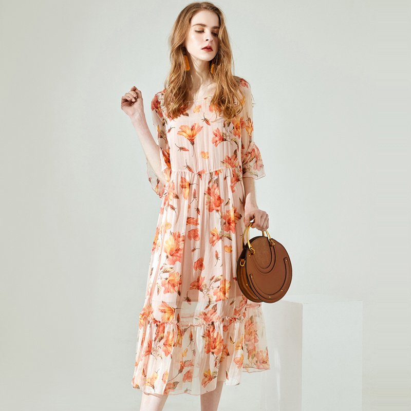 Mila Raffung Floral Print Kleid Aus Seide Mit Gespleißten Saum | VoguesUs