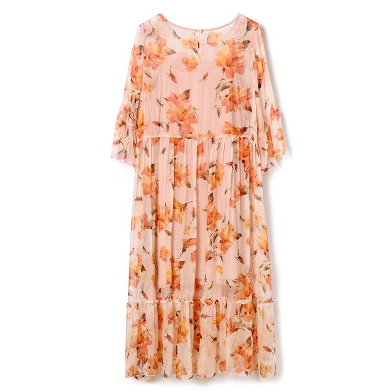 Mila Floral Print Shirring Silk Dress With Spliced Hem | VoguesUs