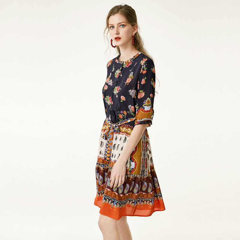 Indian Floral Print Pure Silk Shift Dress With Belt | VoguesUs