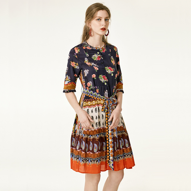 Indian Floral Print Reine Seide Shift Kleid Mit Gürtel | VoguesUs