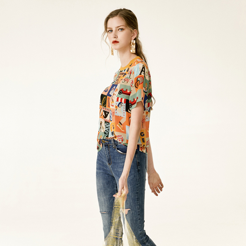 Coloré Autour Du Cou De Dessin Animé Lettre Imprimée En Soie T-Shirt | VoguesUs