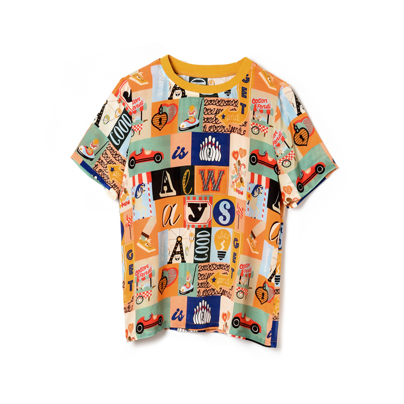 Bunte Runde Hals Cartoon-Buchstaben-Print Auf Seiden-T-Shirt | VoguesUs