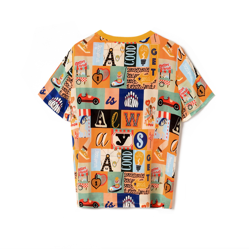 Bunte Runde Hals Cartoon-Buchstaben-Print Auf Seiden-T-Shirt | VoguesUs