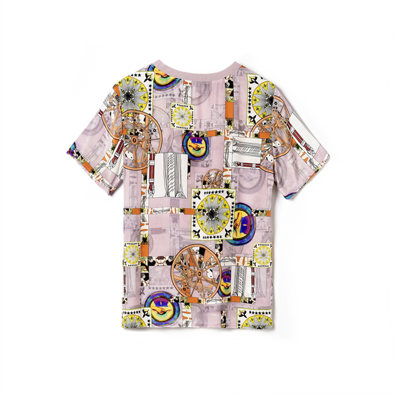 Pink And Purple Print Round Neck Mulberry Silk T Shirt | VoguesUs