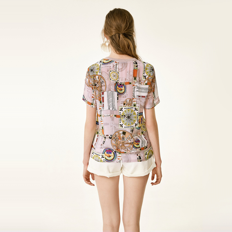 Pink And Purple Print Round Neck Mulberry Silk T Shirt | VoguesUs