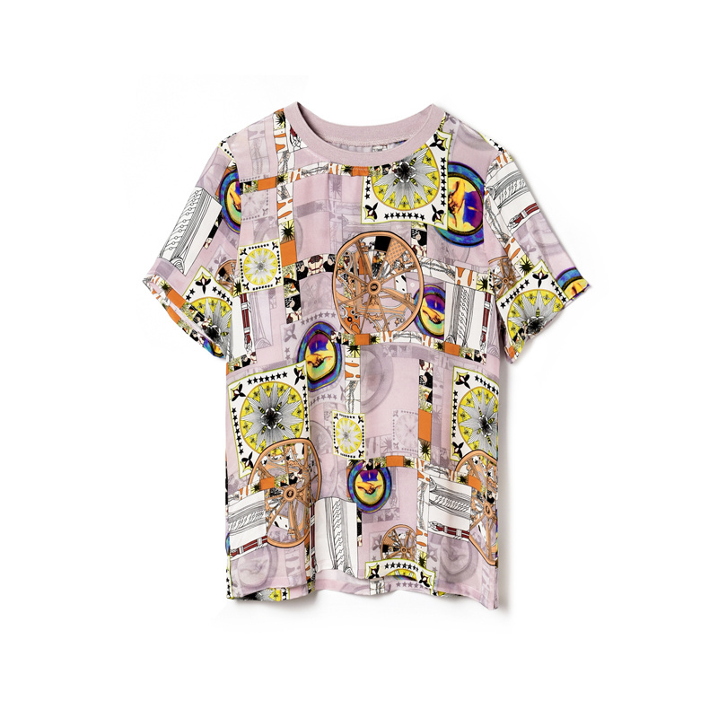 Pink And Purple Print Round Neck Mulberry Silk T Shirt | VoguesUs