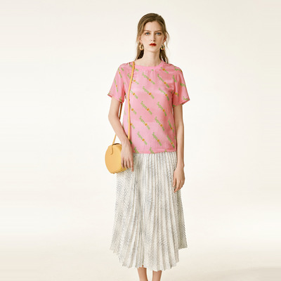 Rose Super Moi Lettre D'Impression Col Rond En Soie T-Shirt | VoguesUs