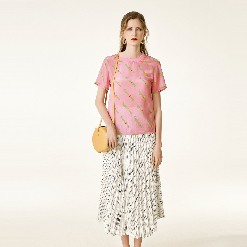 Rose Super Moi Lettre D'Impression Col Rond En Soie T-Shirt | VoguesUs