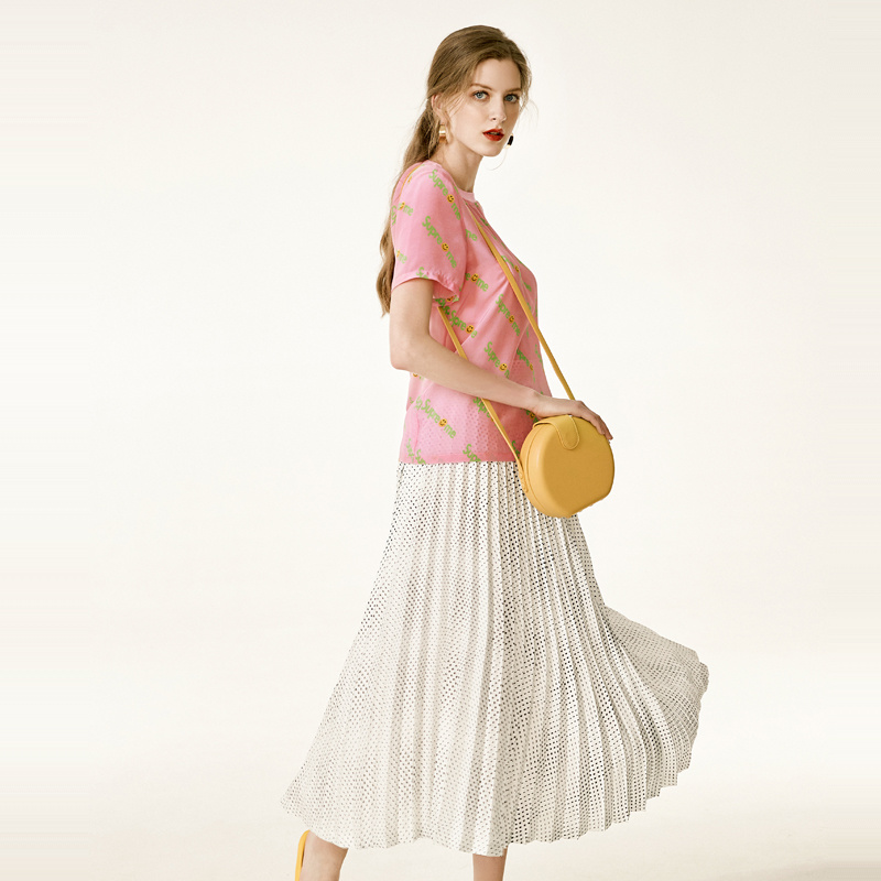 Rose Super Moi Lettre D'Impression Col Rond En Soie T-Shirt | VoguesUs
