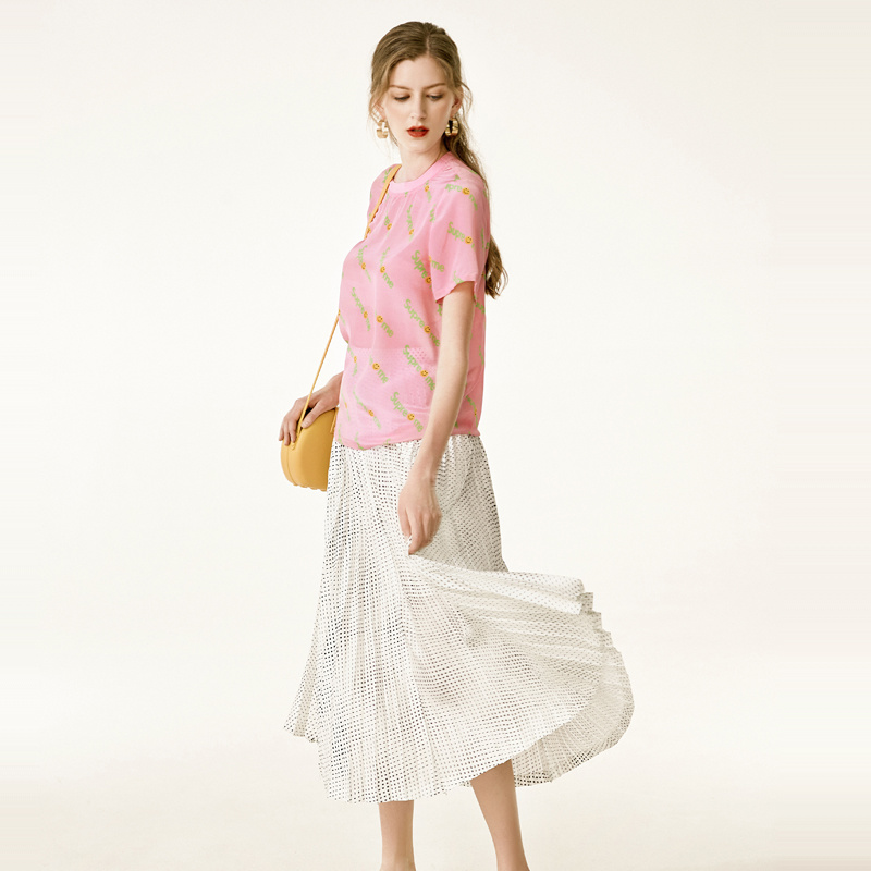 Rose Super Moi Lettre D'Impression Col Rond En Soie T-Shirt | VoguesUs