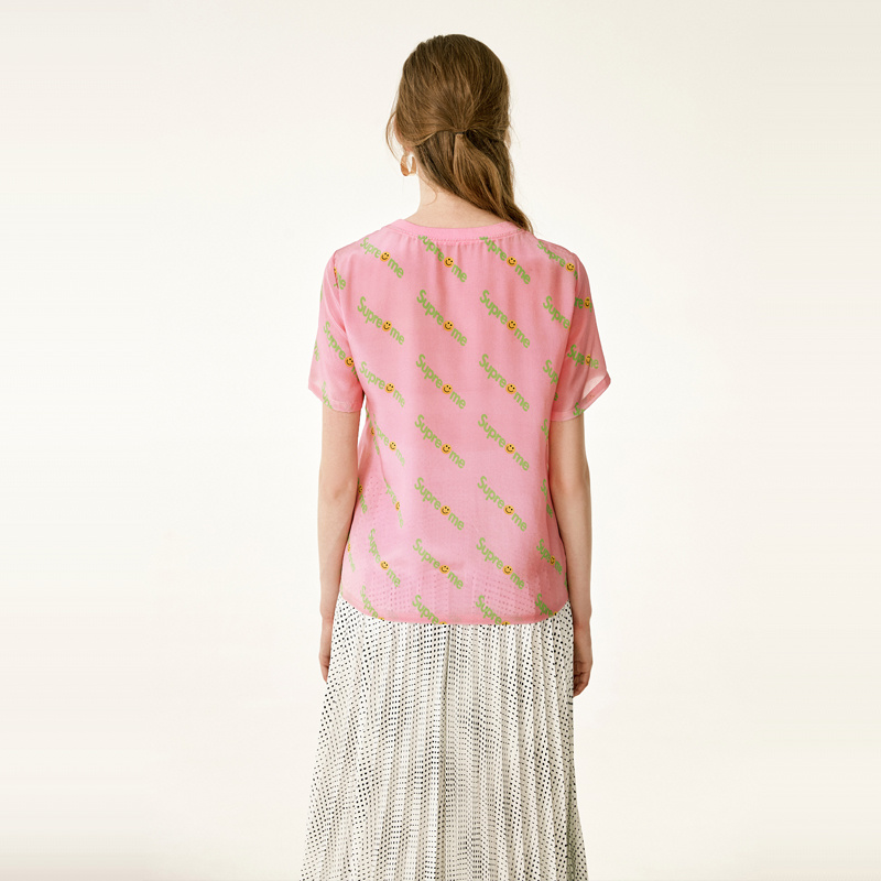 Rose Super Moi Lettre D'Impression Col Rond En Soie T-Shirt | VoguesUs