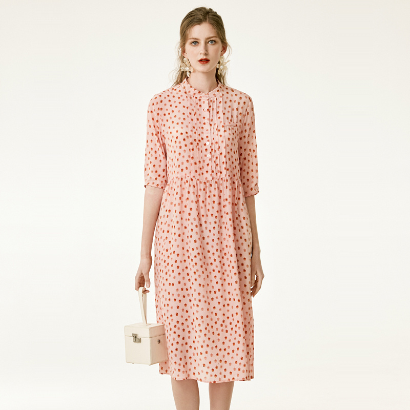 Sucré Rose Imprimé Pois En Soie Pure Maj Robe | VoguesUs