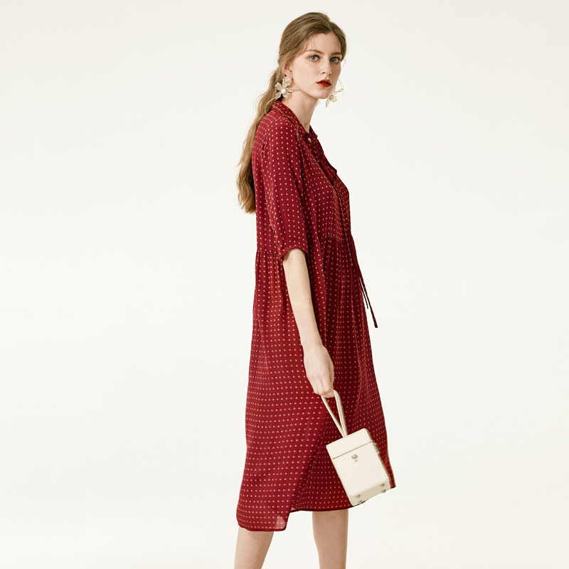 Polka Dot Dark Red Silk Dress With Tie Neck | VoguesUs
