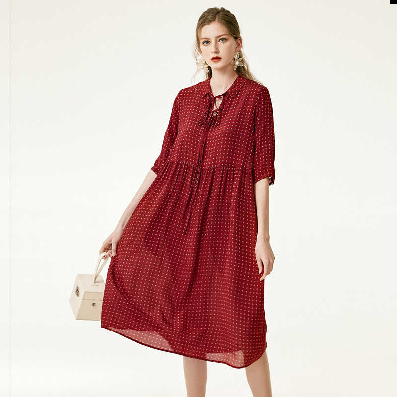 Polka Dot Dark Red Silk Dress With Tie Neck | VoguesUs