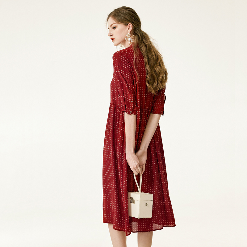 Polka Dot Dark Red Silk Dress With Tie Neck | VoguesUs