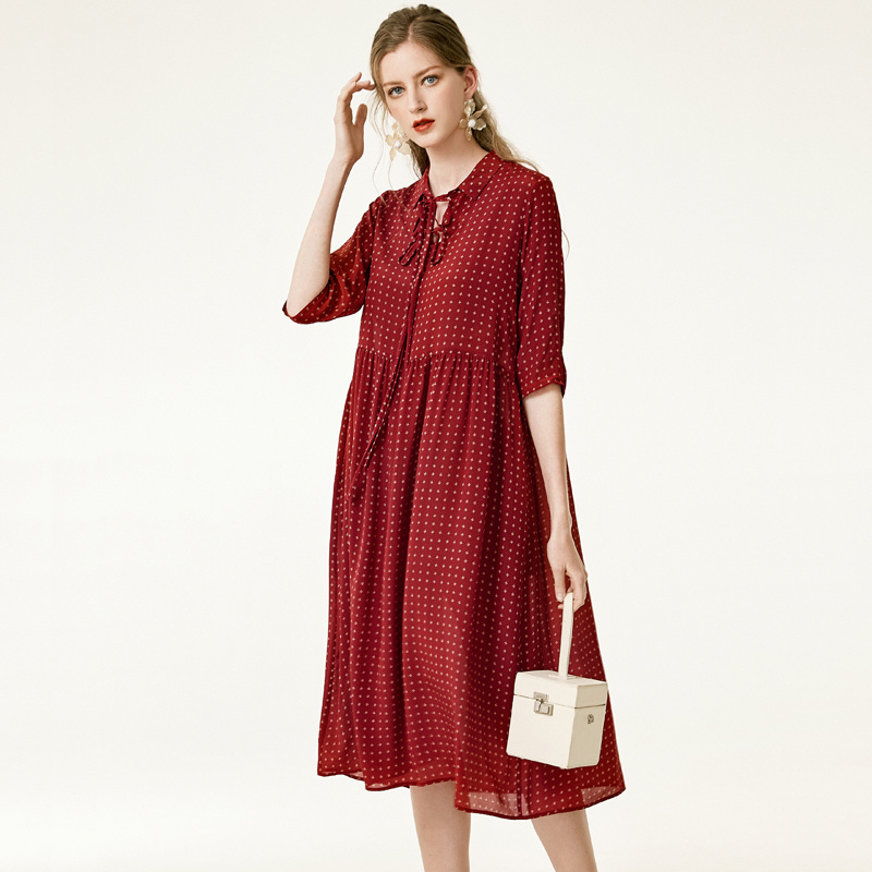 Polka Dot Dark Red Silk Dress With Tie Neck | VoguesUs