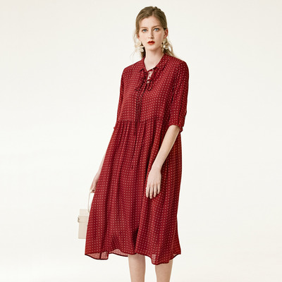 Polka Dot Dark Red Silk Dress With Tie Neck | VoguesUs