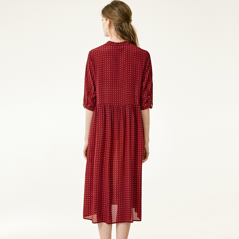 Polka Dot Dark Red Silk Dress With Tie Neck | VoguesUs