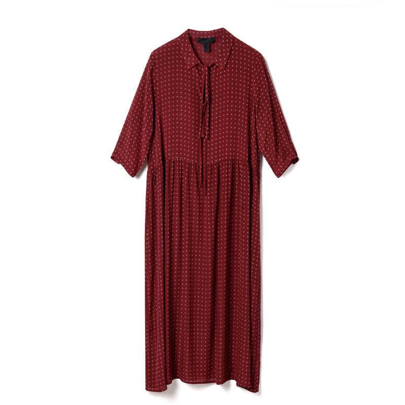 Polka Dot Dark Red Silk Dress With Tie Neck | VoguesUs