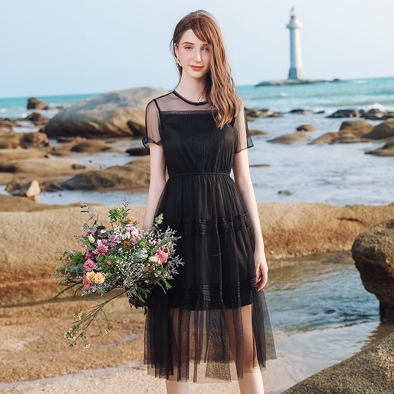Geraffte Front Layered Mesh Lace Midi Dress In Schwarz Oder Off White | VoguesUs