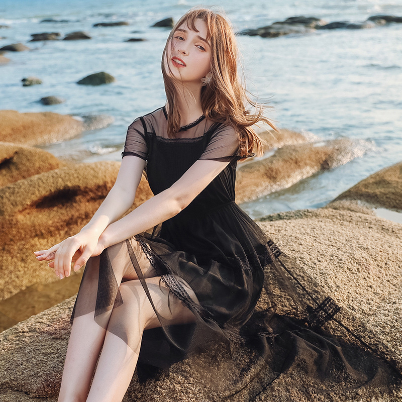 Geraffte Front Layered Mesh Lace Midi Dress In Schwarz Oder Off White | VoguesUs