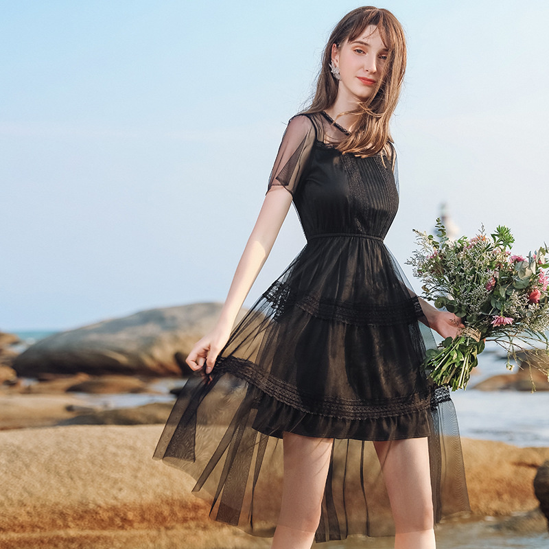 Geraffte Front Layered Mesh Lace Midi Dress In Schwarz Oder Off White | VoguesUs