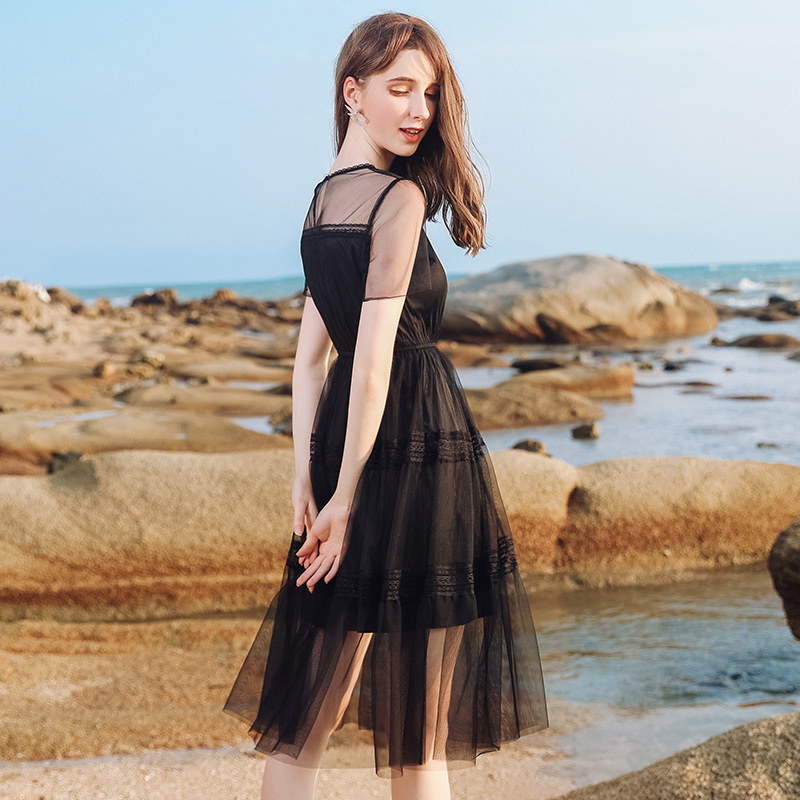 Geraffte Front Layered Mesh Lace Midi Dress In Schwarz Oder Off White | VoguesUs