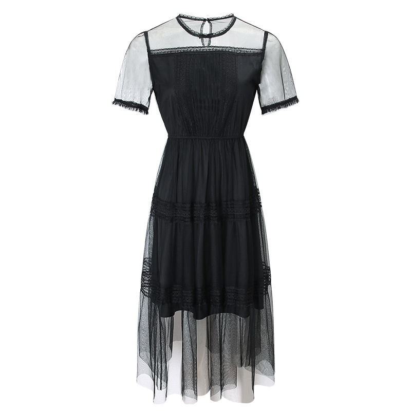 Geraffte Front Layered Mesh Lace Midi Dress In Schwarz Oder Off White | VoguesUs