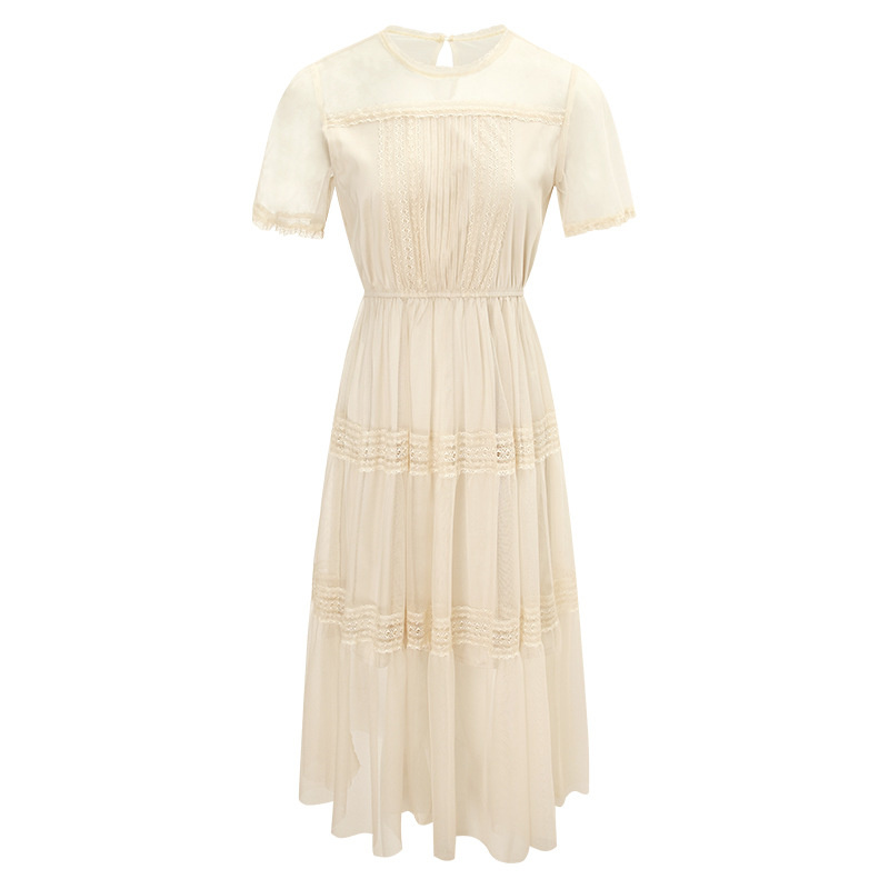 Geraffte Front Layered Mesh Lace Midi Dress In Schwarz Oder Off White | VoguesUs