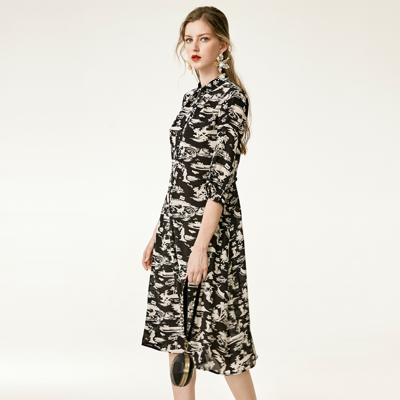 Coconut Tree Floral Print Silk Dress In Black Or Dark Slate Gray | VoguesUs